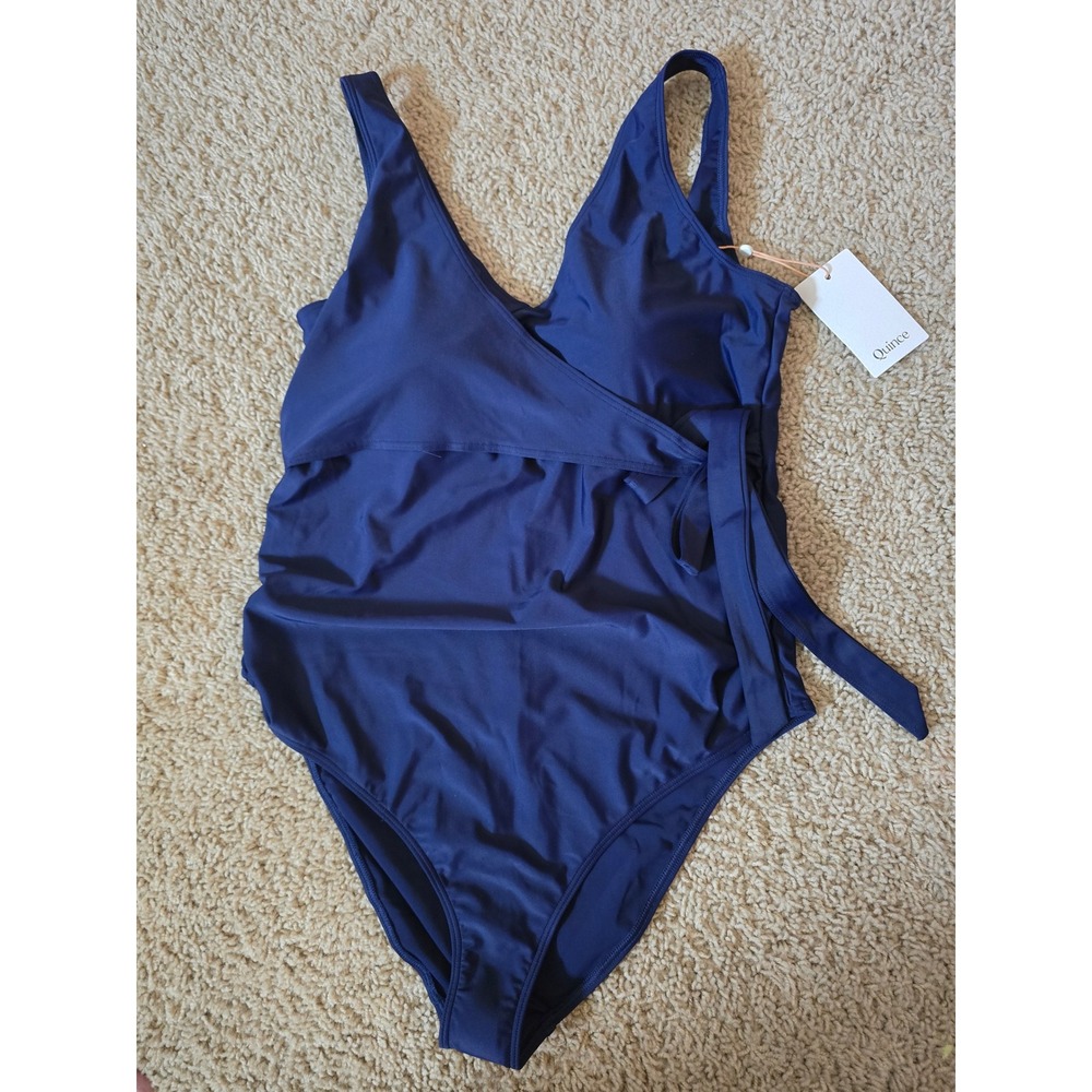 Quince Navy Blue Wrap One Piece Swimsuit Size L NWT ATQ001 Recycled Polyamide
